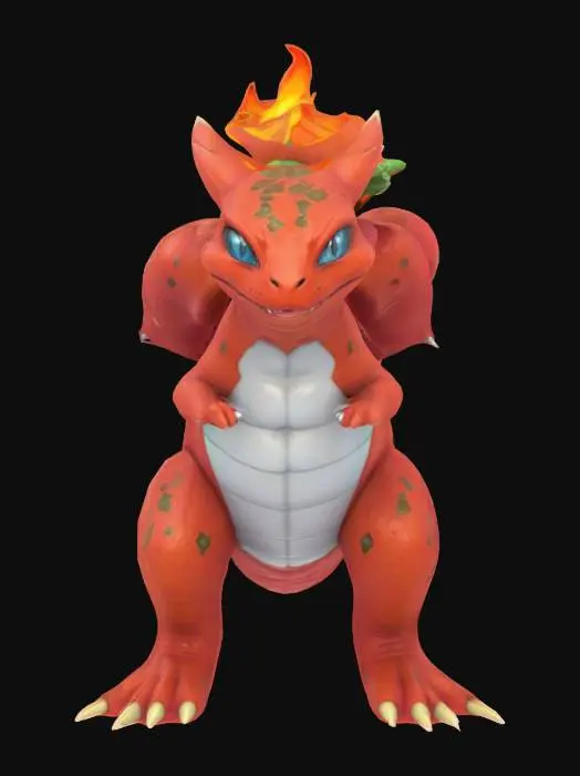 3D model for A powerful fusion between a Bulbasaur and Charmander pokemon. Humanoid, red and silver colors, highly detailed, fantasy/anime style, polished