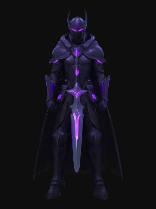 3D model for Solo Leveling, Shadow General Igris, anime style, flawless head and helmet design, black knight armor with glowing purple highlights, dark sword, clean sharp silhouette, Unity optimized, no background, no flaws