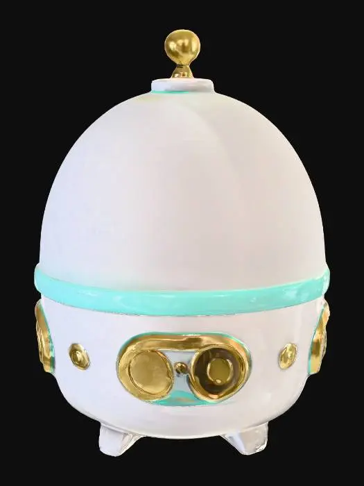 3D model for Create a medium-poly 3D model of an Egg Incubator inspired by the Palworld art style — soft, cartoon-like, colorful sci-fi fantasy aesthetic.

The design should feature a round or oval base platform with a transparent dome or capsule chamber on top where an egg would rest inside.

Include small glowing elements, smooth rounded shapes, and mechanical details like vents, soft lights, or energy tubes — but keep everything clean, unified, and stylized, not overly realistic.

The incubator should look friendly and high-quality, as if used for hatching magical creatures, with no logos or text.

Surfaces should be mostly smooth with slight color separation between base, glass dome, and accents (example: white base, light blue glass, gold trim).

Do not include any Pokémon or Palworld logos.