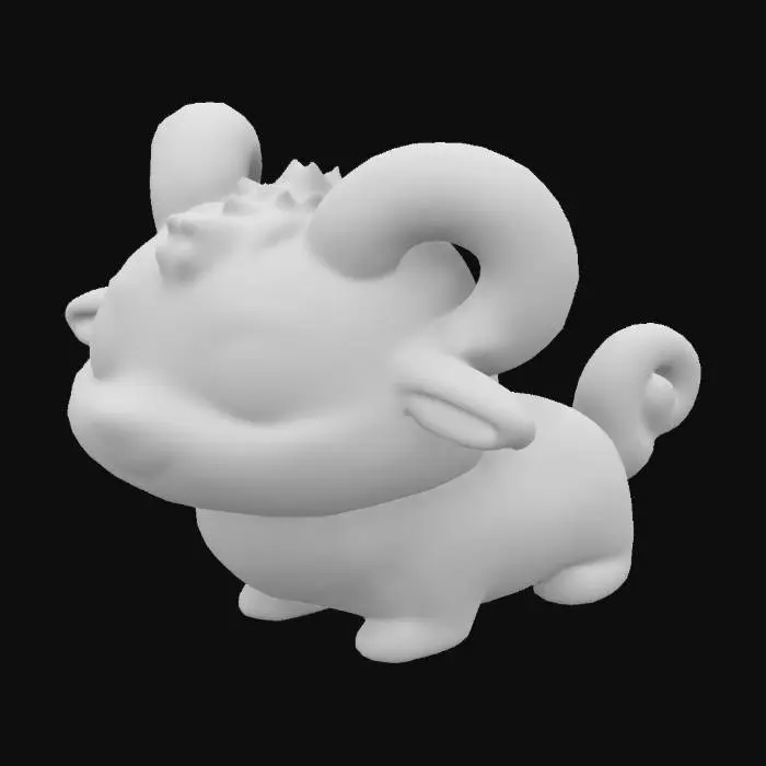 3D model for Create a small, quadruped creature with a fluffy round body and short legs. The creature should have large, expressive eyes and small horns resembling a sheep or ram. Add soft fur textures and a curly tail. Ensure the design is cute, symmetrical, and error-free, optimized for rigging and animation in Unity."