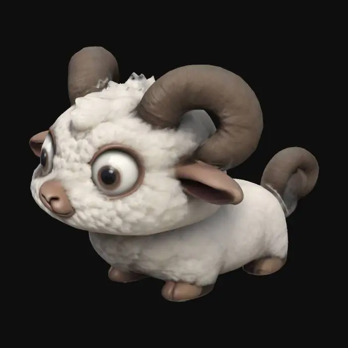3D model for Create a small, quadruped creature with a fluffy round body and short legs. The creature should have large, expressive eyes and small horns resembling a sheep or ram. Add soft fur textures and a curly tail. Ensure the design is cute, symmetrical, and error-free, optimized for rigging and animation in Unity."