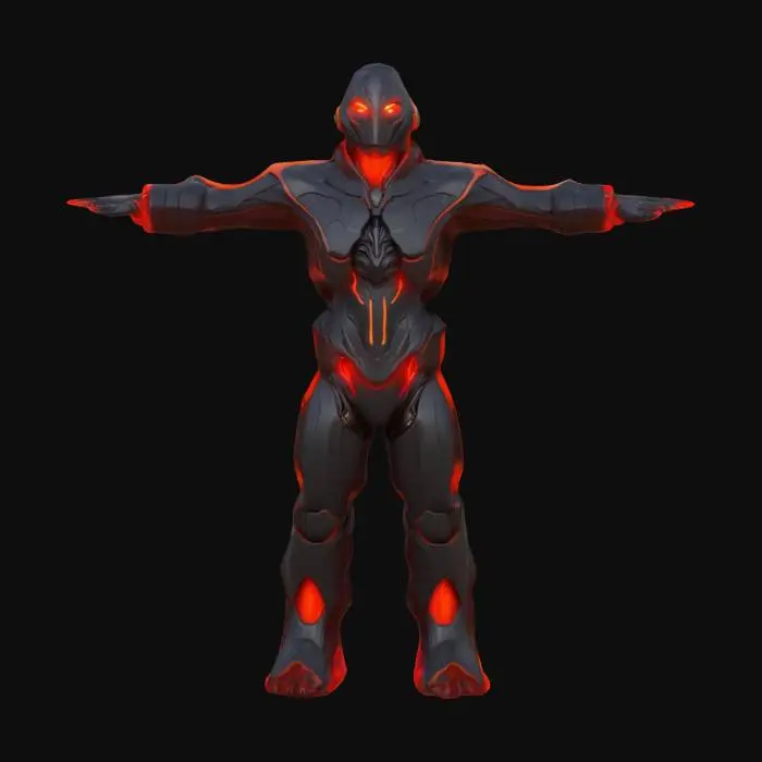 3D model for A cartoon Warframe-inspired humanoid in T-pose for Unity, 2m tall, sleek black coal crystal body with glowing red ember veins. Vibrant Palworld style, 4K hand-painted PBR textures, quad mesh, rigged for easy animation. Subtle smoke wisps orbit it. No realistic textures, blurry details, or low-poly