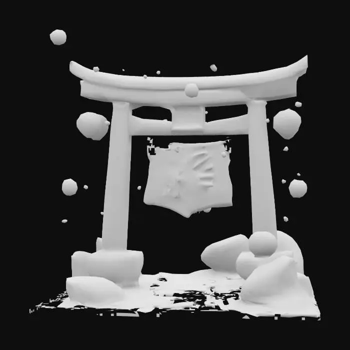 3D model for A cartoon emblem of a torii gate, 0.5m tall, jagged black coal crystal with pulsing red glow spots, surreal floating lanterns orbiting, vibrant Palworld style. 4K hand-painted PBR textures, quad mesh, game-ready for Unity. Ash sparks drift around. #emblem# No realistic textures, blurry details, low-poly, or rigging errors