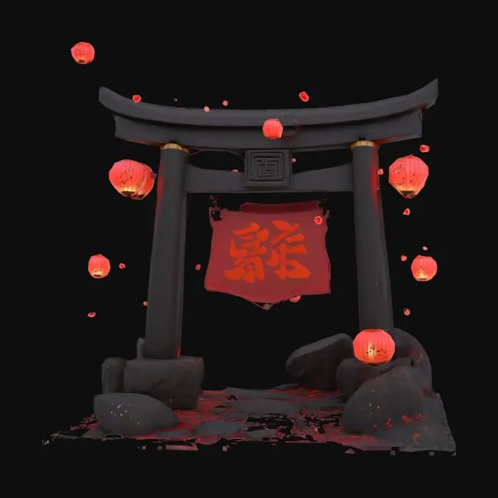 3D model for A cartoon emblem of a torii gate, 0.5m tall, jagged black coal crystal with pulsing red glow spots, surreal floating lanterns orbiting, vibrant Palworld style. 4K hand-painted PBR textures, quad mesh, game-ready for Unity. Ash sparks drift around. #emblem# No realistic textures, blurry details, low-poly, or rigging errors