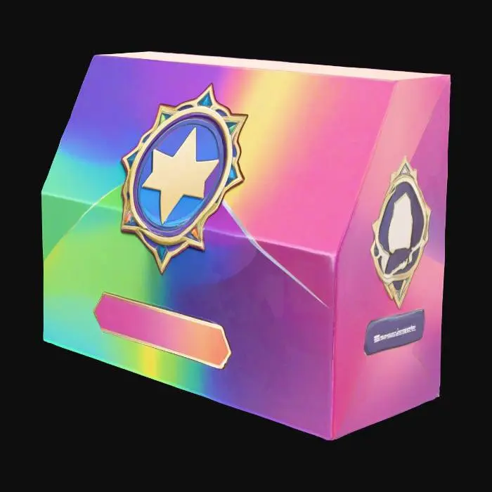 3D model for Flat panel artwork set for a trading card booster box (front and side panels), 2D cartoon style.
Front panel: large centered emblem [THEME_EMBLEM], front-facing, perfectly centered, zero tilt. 
Side panel: simplified mini emblem strip with matching motif. 
Vibrant [PALETTE], clean shapes, bold silhouette, shiny foil accents only on highlights, 
gentle studio lighting. Plain white background behind the flat art. 
Leave safe margins; design should be print-ready with clear edges.

No text, no logos, no watermark, no dielines, no folds, no mockup shadows.
