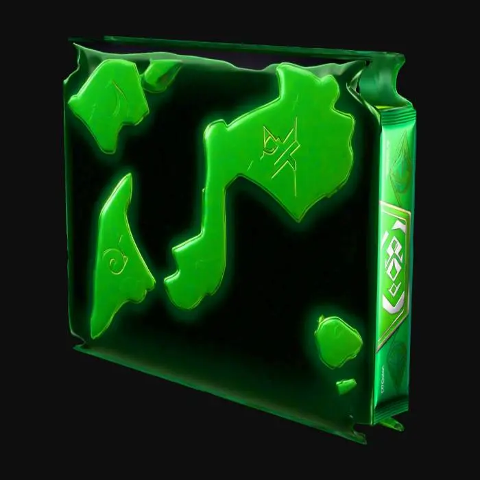 3D model for A sleek, rectangular trading card booster pack, foil material with a green color, vibrant colors, sealed edges, featuring a bold fantasy-themed design with a grass type logo and glowing runes on the front, compact size (approximately 4 inches tall, 2.5 inches wide, 0.5 inches thick), high-poly model, photorealistic, 8K texture resolution, detailed wrinkles and creases on the foil, studio lighting with soft reflections, no text or logos, optimized for game assets