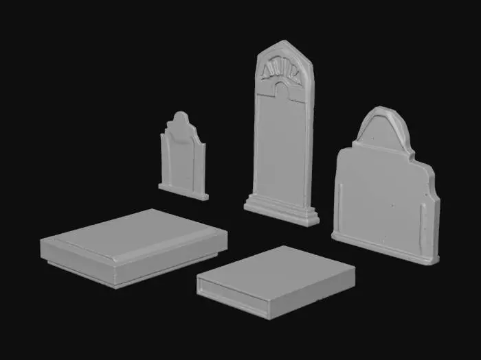 3D model for Scattered Gothic detailed Tombstones, of different scaled variety, Small, medium and large, preferably cracked, aged stone, blacks and greys, stone, many tombstones