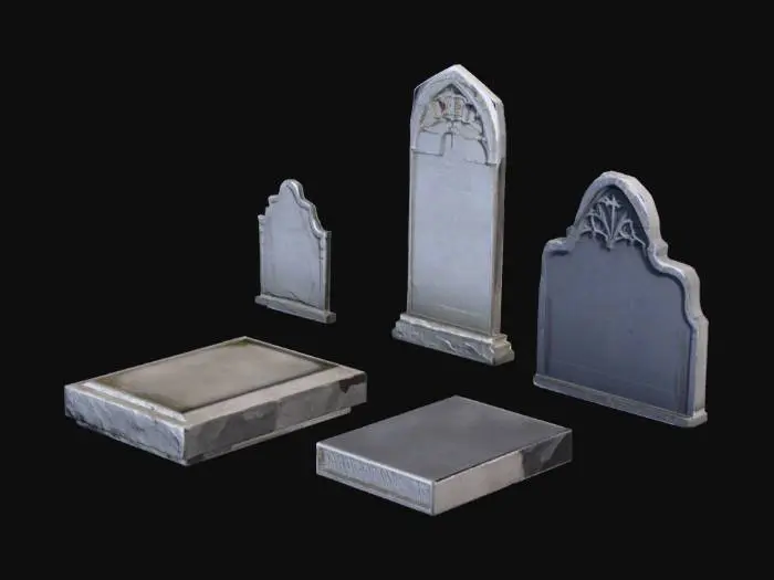 3D model for Scattered Gothic detailed Tombstones, of different scaled variety, Small, medium and large, preferably cracked, aged stone, blacks and greys, stone, many tombstones