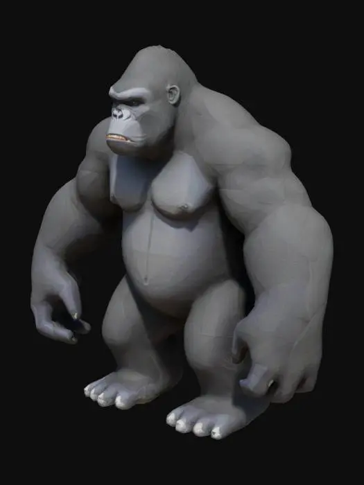 3D model for "Low-poly realistic King Kong model for a mobile game. The model should have an optimized polygon count for real-time performance. It must be in a neutral T-pose or A-pose for proper rigging. The design should maintain clear gorilla-like features while being game-ready. No unnecessary high-poly details, clean topology, and proper edge loops for animation."f