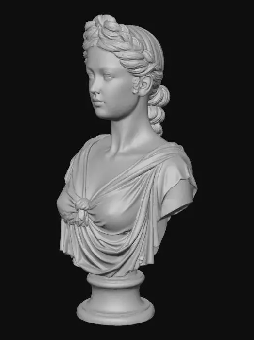 3D model for Roman-style female bronze bust, realistic 3D reference for printing.
Classical proportions, calm facial expression, braided hair, toga-like drapery.
The sculpture should be optimized for 3D printing at 10 cm height — no extreme undercuts, stable base, smooth but detailed surface suitable for bronze texture.
Patinated bronze material, balanced lighting, neutral background.
Style: realistic ancient Roman art, museum-quality finish.
