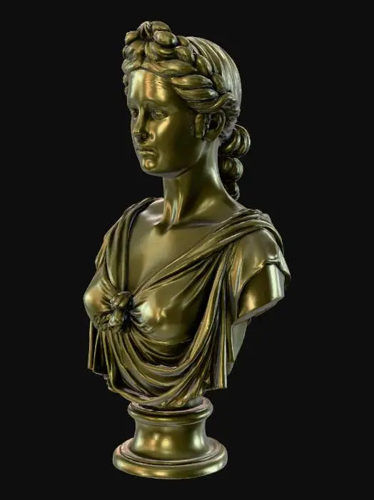 3D model for Roman-style female bronze bust, realistic 3D reference for printing.
Classical proportions, calm facial expression, braided hair, toga-like drapery.
The sculpture should be optimized for 3D printing at 10 cm height — no extreme undercuts, stable base, smooth but detailed surface suitable for bronze texture.
Patinated bronze material, balanced lighting, neutral background.
Style: realistic ancient Roman art, museum-quality finish.