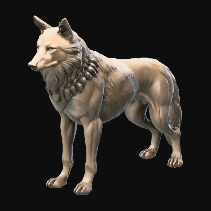 3D model for Cinematic bronze statue of a wolf in a strong standing pose, head turned slightly, intense directional lighting creating bold highlights and deep shadows on the metal fur, faint atmospheric haze behind the statue, dark gradient background, heroic monumental mood, high-detail 3D-printable sculpture.