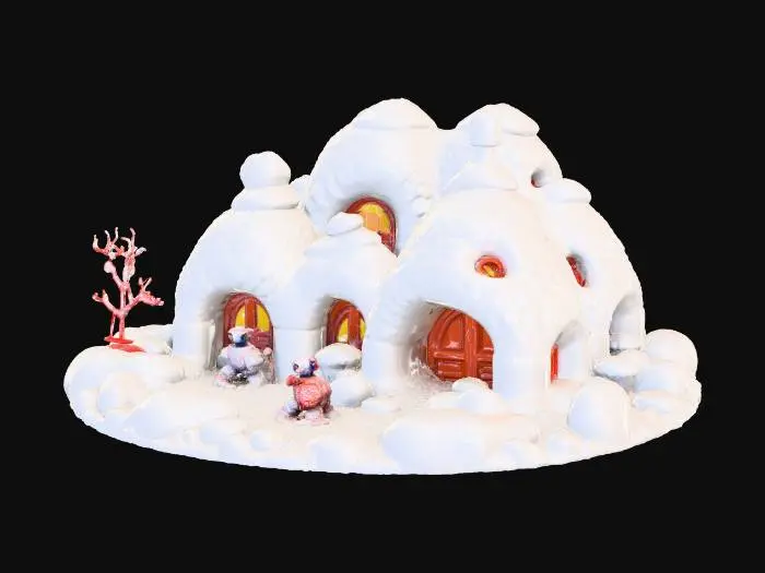 3D model for In the microscopic world, there is a miniature photography. A house made of giant dumplings is covered with layers of ice and snow. The lights inside shine through. Below, a few small robots are playing and skiing in the snow. Several busy little robots are making small dumplings and sweet rice balls. There are not too many robots. The elements of the Spring Festival atmosphere are lively and the picture is in high definition.