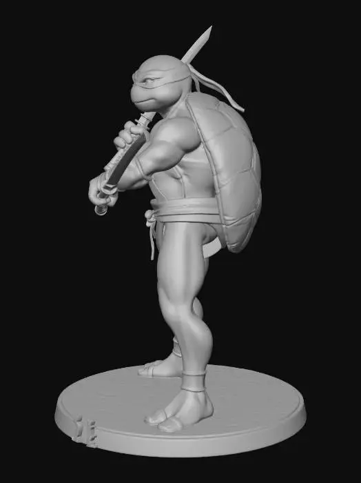 3D model for 3D character model of a mutant ninja turtle, anthropomorphic turtle, NO WINGS, wearing a red fabric eye mask, muscular humanoid body, green skin. Weapons: two straight metal sai daggers. Large turtle shell on back. Standing in a neutral T-pose. Solid geometry, clean surfaces, specialized for 3D printing, high quality, character design