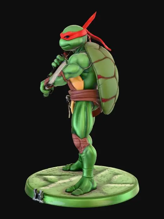 3D model for 3D character model of a mutant ninja turtle, anthropomorphic turtle, NO WINGS, wearing a red fabric eye mask, muscular humanoid body, green skin. Weapons: two straight metal sai daggers. Large turtle shell on back. Standing in a neutral T-pose. Solid geometry, clean surfaces, specialized for 3D printing, high quality, character design