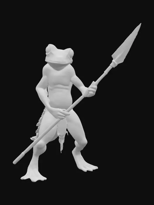 3D model for a high quality miniature stl of a poisonous frog-like amphibious humanoid from dnd in a dynamic pose pointing a carved spear forward