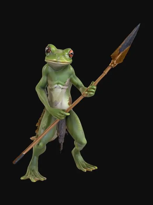 3D model for a high quality miniature stl of a poisonous frog-like amphibious humanoid from dnd in a dynamic pose pointing a carved spear forward