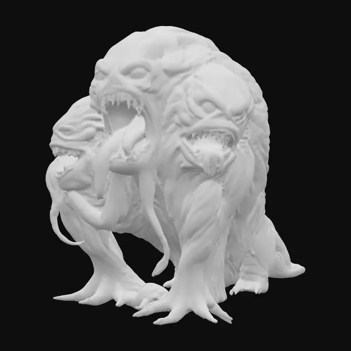3D model for A horrifying Dungeons & Dragons monster known as a Gibbering Mouther. Its entire body is an amorphous, writhing mass of pale, fleshy sludge covered in dozens of gaping mouths filled with jagged teeth. Many human-like eyes blink and roll across its slimy form, constantly shifting positions. The mouths scream, whisper, and laugh all at once, drooling thick streams of saliva and bile into the dirt. Its form is formless, with tendrils of flesh stretching outward like pseudopods as it drags itself across the ground. The environment is a dark dungeon chamber lit by eerie torchlight, with stone floors slick with ooze. The art style should be grotesque, surreal, and highly detailed, emphasizing horror and madness, in the style of dark fantasy concept art.