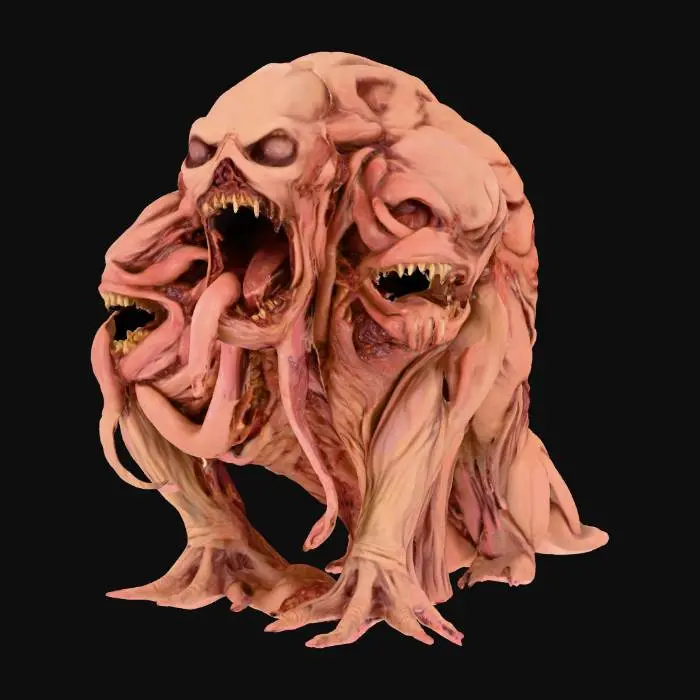 3D model for A horrifying Dungeons & Dragons monster known as a Gibbering Mouther. Its entire body is an amorphous, writhing mass of pale, fleshy sludge covered in dozens of gaping mouths filled with jagged teeth. Many human-like eyes blink and roll across its slimy form, constantly shifting positions. The mouths scream, whisper, and laugh all at once, drooling thick streams of saliva and bile into the dirt. Its form is formless, with tendrils of flesh stretching outward like pseudopods as it drags itself across the ground. The environment is a dark dungeon chamber lit by eerie torchlight, with stone floors slick with ooze. The art style should be grotesque, surreal, and highly detailed, emphasizing horror and madness, in the style of dark fantasy concept art.