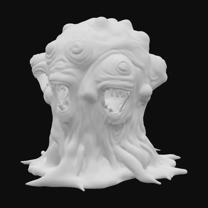 3D model for A horrifying Dungeons & Dragons monster known as a Gibbering Mouther. Its entire body is an amorphous, writhing mass of pale, fleshy sludge covered in dozens of gaping mouths filled with jagged teeth. Many human-like eyes blink and roll across its slimy form, constantly shifting positions. The mouths scream, whisper, and laugh all at once, drooling thick streams of saliva and bile into the dirt. Its form is formless, with tendrils of flesh stretching outward like pseudopods as it drags itself across the ground. The environment is a dark dungeon chamber lit by eerie torchlight, with stone floors slick with ooze. The art style should be grotesque, surreal, and highly detailed, emphasizing horror and madness, in the style of dark fantasy concept art.