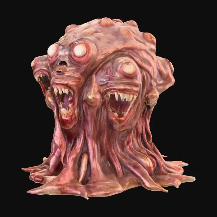 3D model for A horrifying Dungeons & Dragons monster known as a Gibbering Mouther. Its entire body is an amorphous, writhing mass of pale, fleshy sludge covered in dozens of gaping mouths filled with jagged teeth. Many human-like eyes blink and roll across its slimy form, constantly shifting positions. The mouths scream, whisper, and laugh all at once, drooling thick streams of saliva and bile into the dirt. Its form is formless, with tendrils of flesh stretching outward like pseudopods as it drags itself across the ground. The environment is a dark dungeon chamber lit by eerie torchlight, with stone floors slick with ooze. The art style should be grotesque, surreal, and highly detailed, emphasizing horror and madness, in the style of dark fantasy concept art.