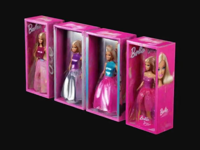 3D model for Design a series of Barbie doll boxes with different mappings. Showcase a variety of styles, including photorealistic, illustrative, and abstract.  Each box should feature a unique Barbie doll with different outfits, hairstyles, and accessories.  The box designs should be eye-catching and appealing to children.  Include details such as glitter, holographic foil, and embossing.  Generate high-resolution images suitable for printing.