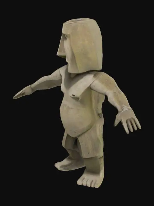 3D model for  moai antropomórfico. mide 2 metros y las características clásicas de un moai: cabeza alargada, nariz recta y prominente, labios delgados y expresión seria.El cuerpo debe ser estilizado y ligeramente más humanoide, con brazos y piernas definidas, pero manteniendo la robustez y la forma geométrica característica de los moais.material como piedra, roca, con una textura rugosa, detalles como grabados o tallas sutiles en la superficie, inspirados en el arte Rapa Nui.estilo realista T-pose