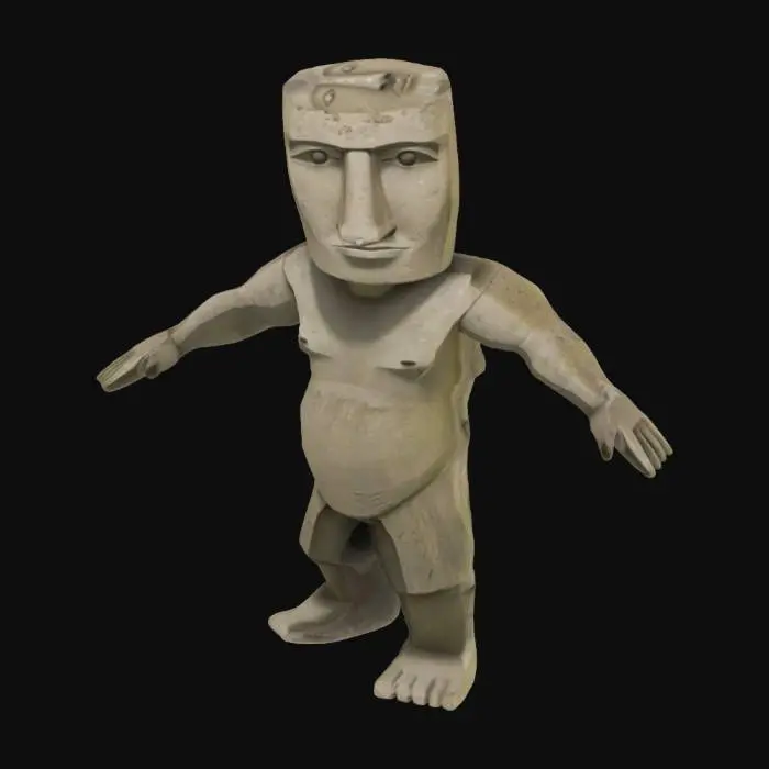 3D model for  moai antropomórfico. mide 2 metros y las características clásicas de un moai: cabeza alargada, nariz recta y prominente, labios delgados y expresión seria.El cuerpo debe ser estilizado y ligeramente más humanoide, con brazos y piernas definidas, pero manteniendo la robustez y la forma geométrica característica de los moais.material como piedra, roca, con una textura rugosa, detalles como grabados o tallas sutiles en la superficie, inspirados en el arte Rapa Nui.estilo realista T-pose