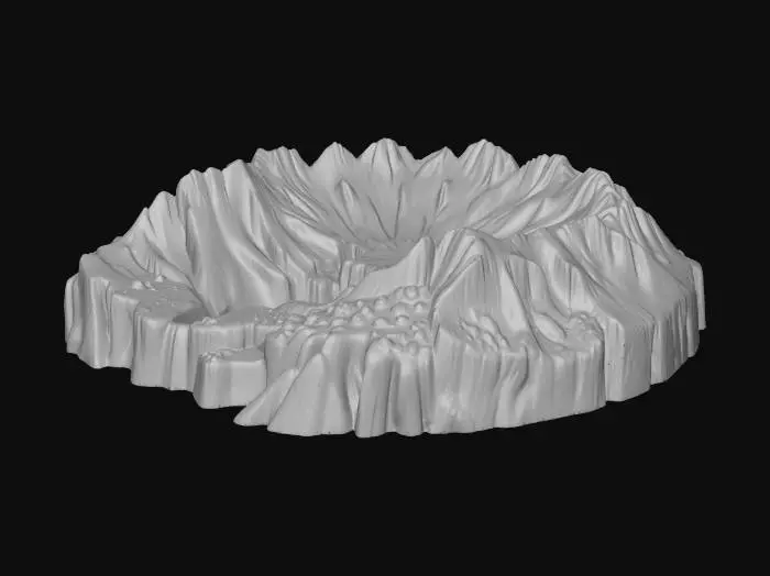 3D model for A mountain range in a circular formation with a waterfall flowing on one side. plenty of cracks and crevices for plants. Make the waterfall grand compared to the mountain.