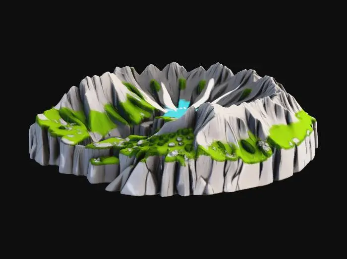 3D model for A mountain range in a circular formation with a waterfall flowing on one side. plenty of cracks and crevices for plants. Make the waterfall grand compared to the mountain.