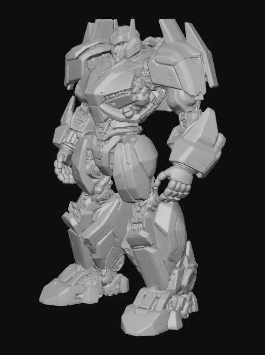 3D model for A transformer-like robot, characterized by a complex, blocky form built from interlocking, heavy-duty armor plates. Its metallic surface, a mix of matte charcoal and burnished bronze, bears signs of wear with subtle scratches and scuffs, suggesting past battles. Articulated joints are robust, revealing hydraulic pistons and exposed cabling. Sharp angles and powerful, layered limbs create a formidable silhouette, with glowing red optical sensors recessed within its angular head, giving it an imposing presence.