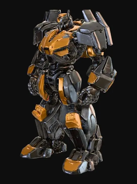 3D model for A transformer-like robot, characterized by a complex, blocky form built from interlocking, heavy-duty armor plates. Its metallic surface, a mix of matte charcoal and burnished bronze, bears signs of wear with subtle scratches and scuffs, suggesting past battles. Articulated joints are robust, revealing hydraulic pistons and exposed cabling. Sharp angles and powerful, layered limbs create a formidable silhouette, with glowing red optical sensors recessed within its angular head, giving it an imposing presence.