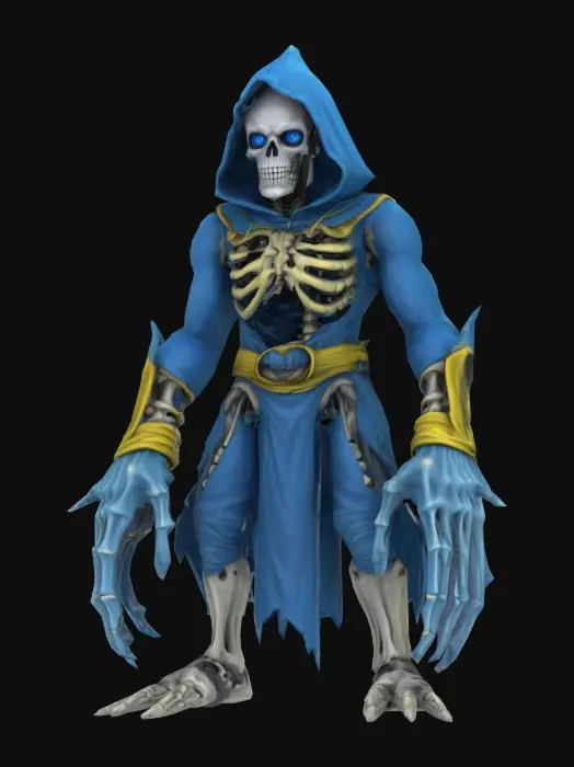 3D model for Génère-moi un monstre bleu dans chacune de ses mains tient un cadavre bleu, il y a des yeux bleus, une cagoule bleue, tous ces habits sont bleus, jaunes et noirs, et c’est un squelette