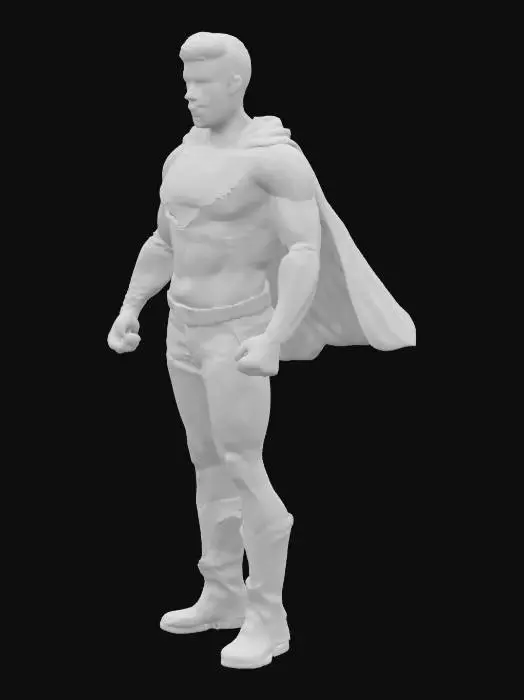 3D model for A white man with black hair, blue eyes wearing a blue suit with a red and yellow S on the front with a red cape trailing behind, red pants, yellow belt, blue leggings and red boots, looking mean