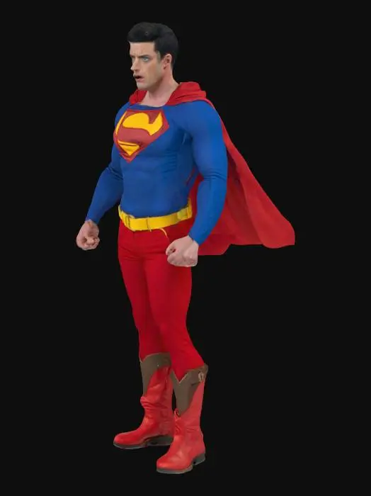 3D model for A white man with black hair, blue eyes wearing a blue suit with a red and yellow S on the front with a red cape trailing behind, red pants, yellow belt, blue leggings and red boots, looking mean