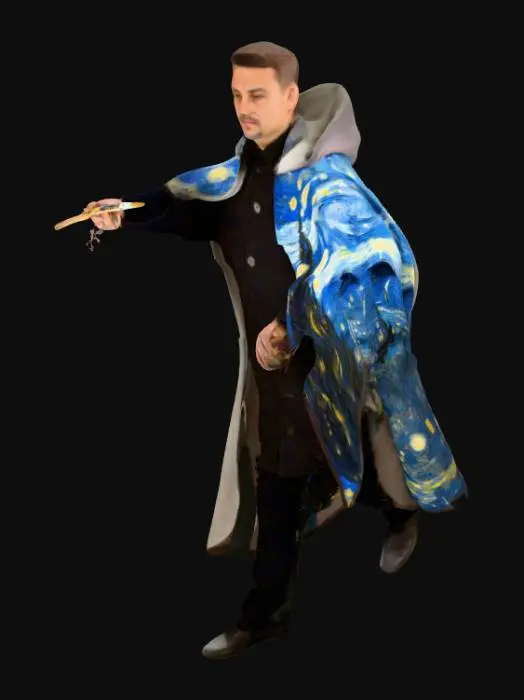 3D model for художник с лицом Ван Гога стоит в полный рост в черном костюме с касающимся пола большим средневековым хорошим плащом находящимся в хорошем состоянии без капюшона с большим количеством складок, на площади всего плаща изображена картина Ван Гога Звездная Ночь. Художник держит согнутую руку с маленькой короткой горизонтально расположенной кисточкой для рисования с которой стекает капли на пол