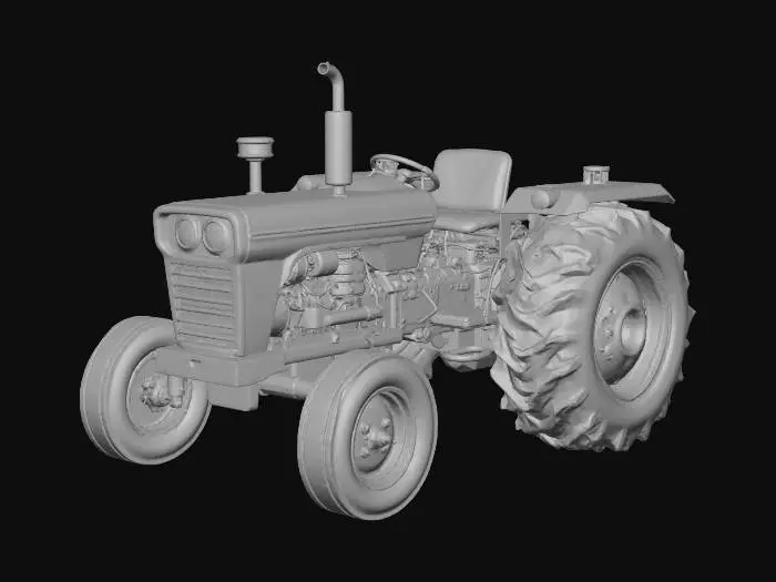 3D model for Un trattore compatto e resistente, caratterizzato da un telaio grigio scuro e accenti blu sul cofano e sui parafanghi. Le sue ruote massicce, con cerchioni scuri e battistrada profondo, suggeriscono capacità fuoristrada. Una protezione frontale a griglia nera, un sedile semplice color beige e un tubo di scarico verticale completano il suo aspetto funzionale. La resa è pulita, tipica di un asset di videogioco con illuminazione morbida.