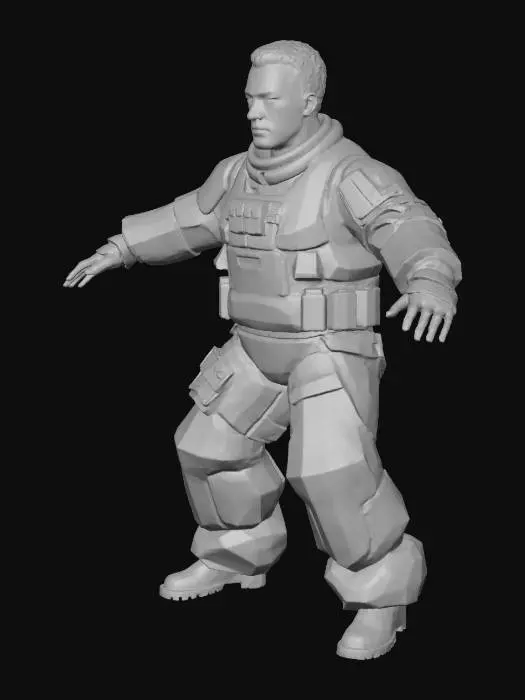3D model for John Leeman, 31-year-old male protagonist, in a polished low-poly early-2000s game aesthetic (PS2 / early Xbox 360). Wears a black tactical exosuit with very subtle, matte yellow accents, layered over visible casual clothing: dark button-up shirt with fabric folds at joints and cargo pants partially integrated into the suit. Exosuit is segmented, angular, and restrained, with clean geometry, beveled edges, visible bolts, minimal normal-map use. Sandy brown, medium-length wavy hair; extremely subtle stubble (barely visible shadow). Includes pistol holsters, compact thrusters, and a small HUD visor. Hand-painted, slightly gritty low-res textures. No photorealism or modern nanotech. Strong early-2000s sci-fi action game vibe.