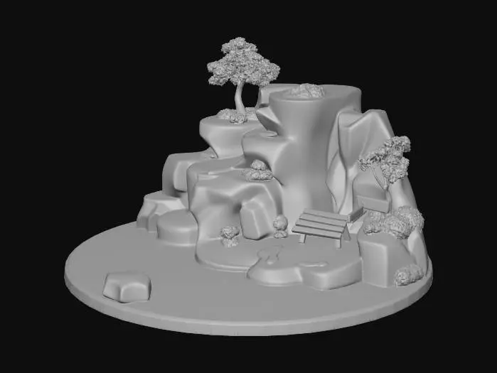 3D model for Create a waterfall-style water feature with three cascades. The first cascade is small, forming a mini-lake 5 cm wide, 5 cm long, and 2 cm deep. The third cascade is larger, also 5 cm wide, forming a lake with a bank on the left side, a wooden bench, a tree around it, and a mini-island in the middle. Add trees and other items, keeping in mind that it will be printed on an FDM 3D printer.