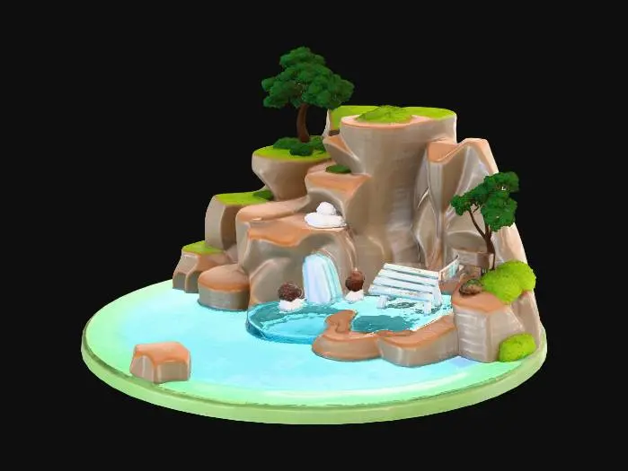 3D model for Create a waterfall-style water feature with three cascades. The first cascade is small, forming a mini-lake 5 cm wide, 5 cm long, and 2 cm deep. The third cascade is larger, also 5 cm wide, forming a lake with a bank on the left side, a wooden bench, a tree around it, and a mini-island in the middle. Add trees and other items, keeping in mind that it will be printed on an FDM 3D printer.