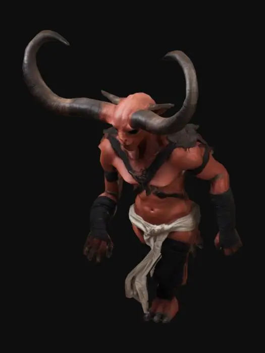3D model for Es una criatura de forma humanoide, de tonalidad roja y grandes cuernos negros, lleva vendas y ropaje rudimentario, suele portar unas vendas que le cubren los ojos al salir al exterior de día