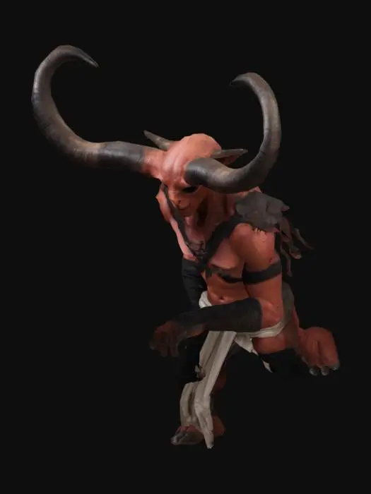 3D model for Es una criatura de forma humanoide, de tonalidad roja y grandes cuernos negros, lleva vendas y ropaje rudimentario, suele portar unas vendas que le cubren los ojos al salir al exterior de día