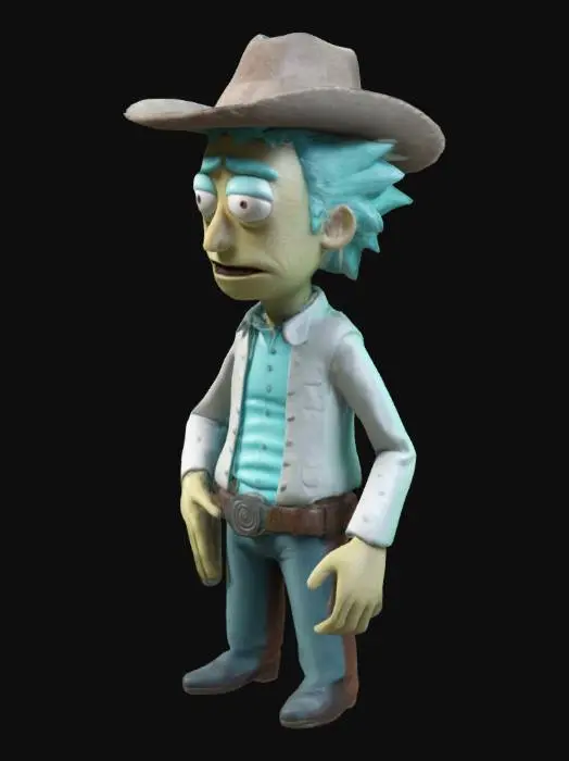 3D model for Imagine Rick Sanchez from Rick & Morty in cowboy clothes, Clean geometry, Sharp geometry, Clean texture, Well defined texture, Defined face, Ensure high quality texture, HDR.