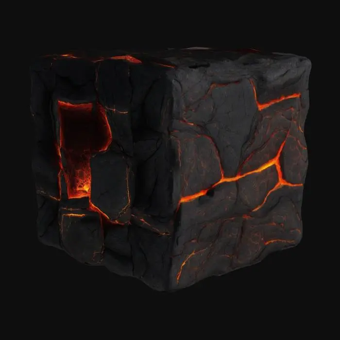 3D model for A square cube with lava material and texture, with cracks on the layer