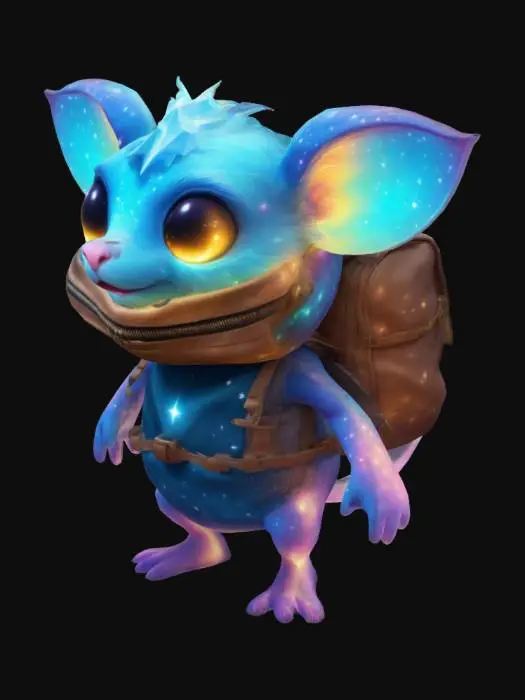 3D model for A glowing, adventurous critter carrying a bag of stardust cartoon style.