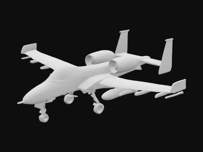 3D model for A-10 Thunderbolt II military aircraft, also known as Warthog, highly detailed and realistic, twin turbofan engines mounted high on the rear fuselage, straight wings with heavy armament including rockets and missiles, 30mm GAU-8 Avenger rotary cannon in the nose, rugged landing gear, desert camouflage paint, realistic textures and proportions, 3D model for rendering or animation