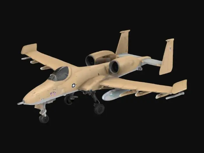 3D model for A-10 Thunderbolt II military aircraft, also known as Warthog, highly detailed and realistic, twin turbofan engines mounted high on the rear fuselage, straight wings with heavy armament including rockets and missiles, 30mm GAU-8 Avenger rotary cannon in the nose, rugged landing gear, desert camouflage paint, realistic textures and proportions, 3D model for rendering or animation