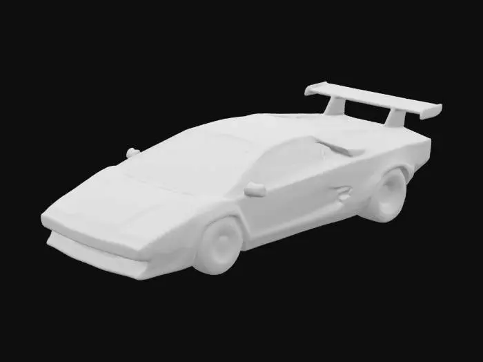 3D model for Lamborghini Countach LP5000 Quattrovalvole, 1985 collectible car figure, sharp angular design, white paint, scissor doors closed, wide rear tires, large rear wing, retro sports car style, hyper-realistic details, clean 3D geometry.