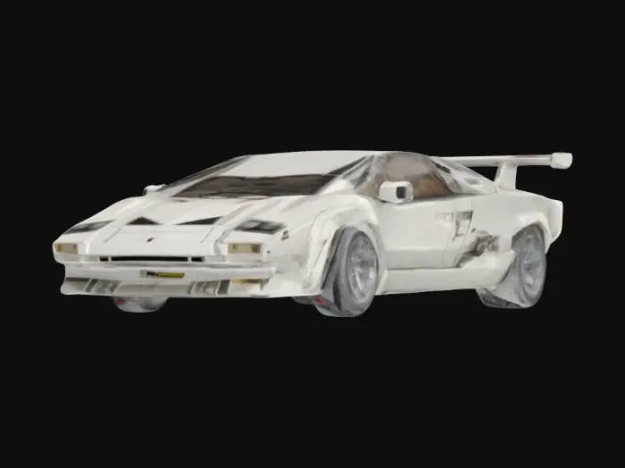 3D model for Lamborghini Countach LP5000 Quattrovalvole, 1985 collectible car figure, sharp angular design, white paint, scissor doors closed, wide rear tires, large rear wing, retro sports car style, hyper-realistic details, clean 3D geometry.