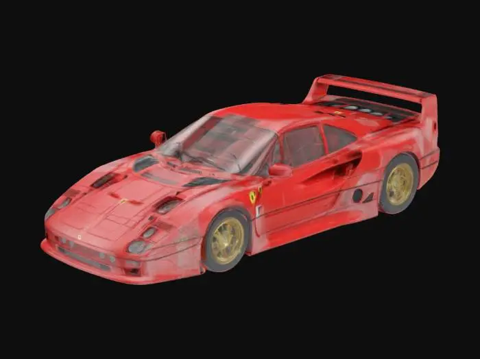 3D model for Ferrari F40 collectible scale model car, iconic red sports car from 1987, highly detailed, aerodynamic design, pop-up headlights, rear spoiler, detailed wheels and engine vents, realistic 3D model with clean geometry, suitable for rendering or 3D printing
